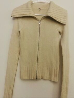 Free People Cream Zip-Front Sweater Cardigan with Wide Ribbed Collar